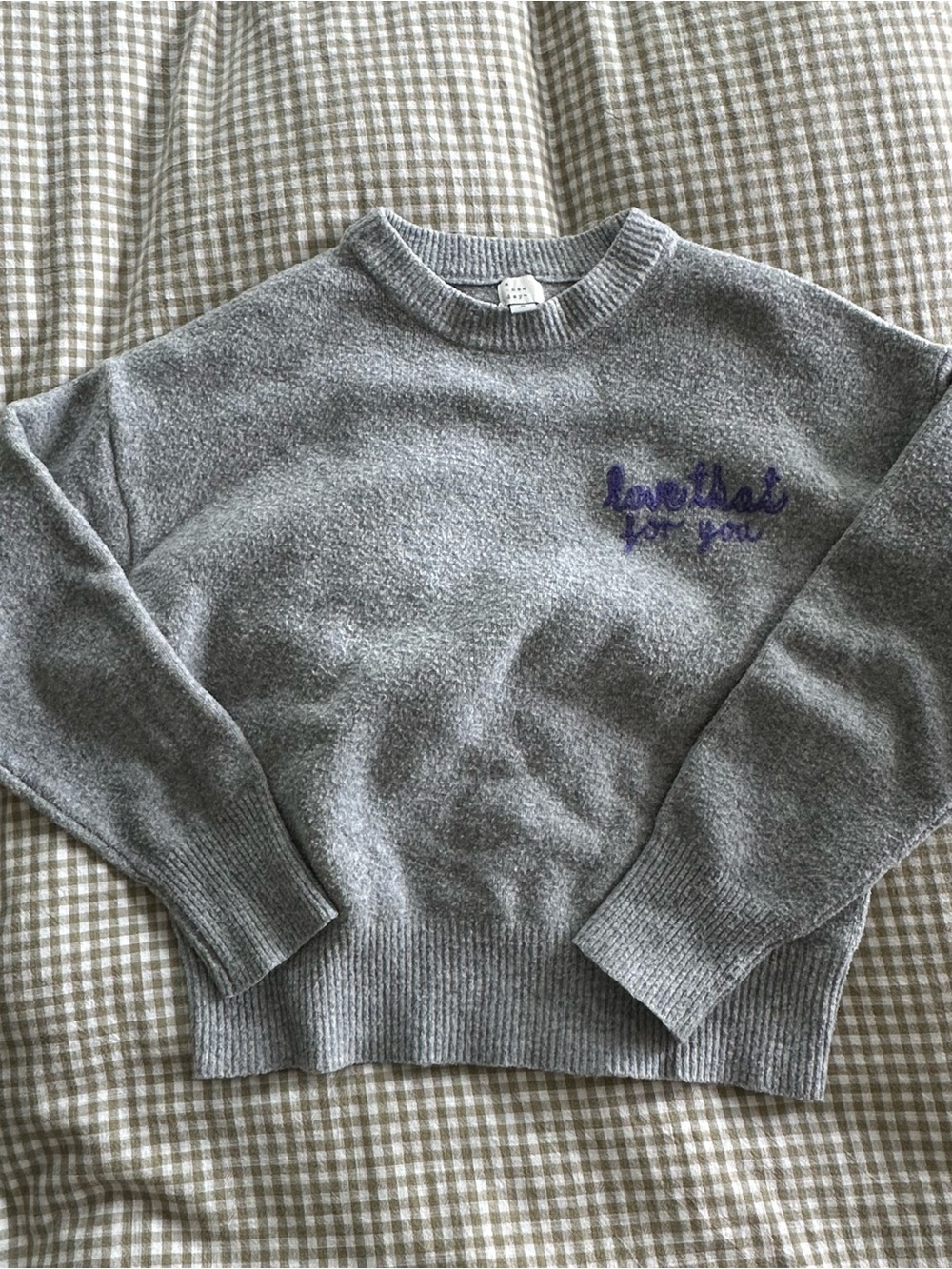 a new day Gray Crewneck Sweater with Purple Embroidered Script